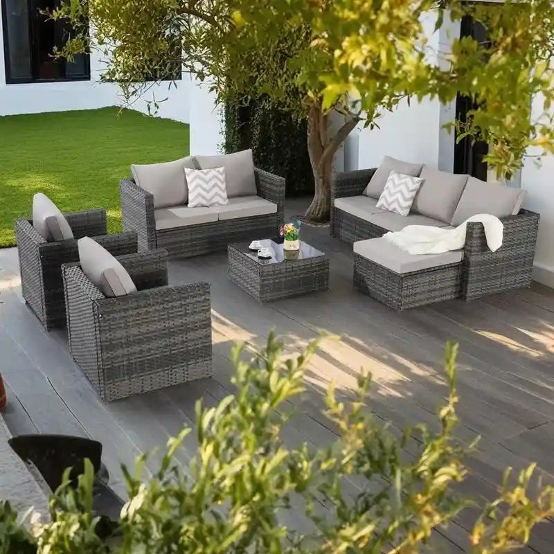 Ensemble de canapé sectionnel 6 pièces en rotin pour patio extérieur avec table basse en verre trempé et 2 fauteuils