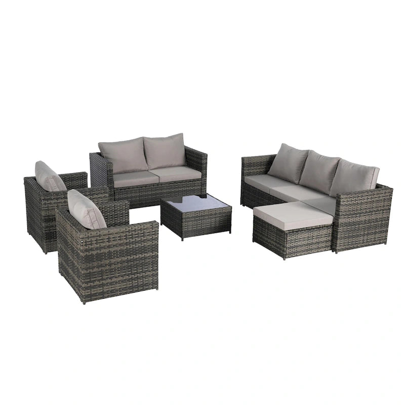 Ensemble de canapé sectionnel 6 pièces en rotin pour patio extérieur avec table basse en verre trempé et 2 fauteuils