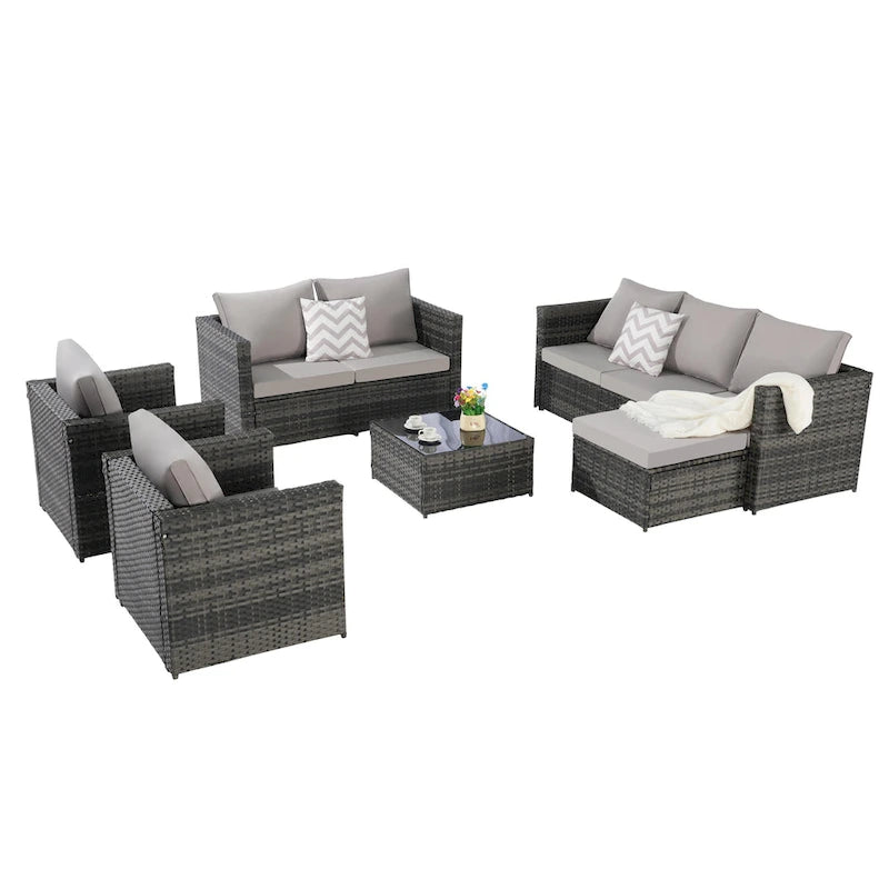 Ensemble de canapé sectionnel 6 pièces en rotin pour patio extérieur avec table basse en verre trempé et 2 fauteuils