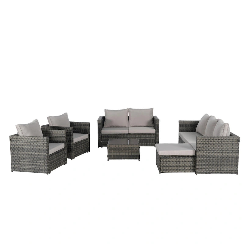Ensemble de canapé sectionnel 6 pièces en rotin pour patio extérieur avec table basse en verre trempé et 2 fauteuils