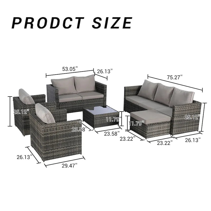 Ensemble de canapé sectionnel 6 pièces en rotin pour patio extérieur avec table basse en verre trempé et 2 fauteuils