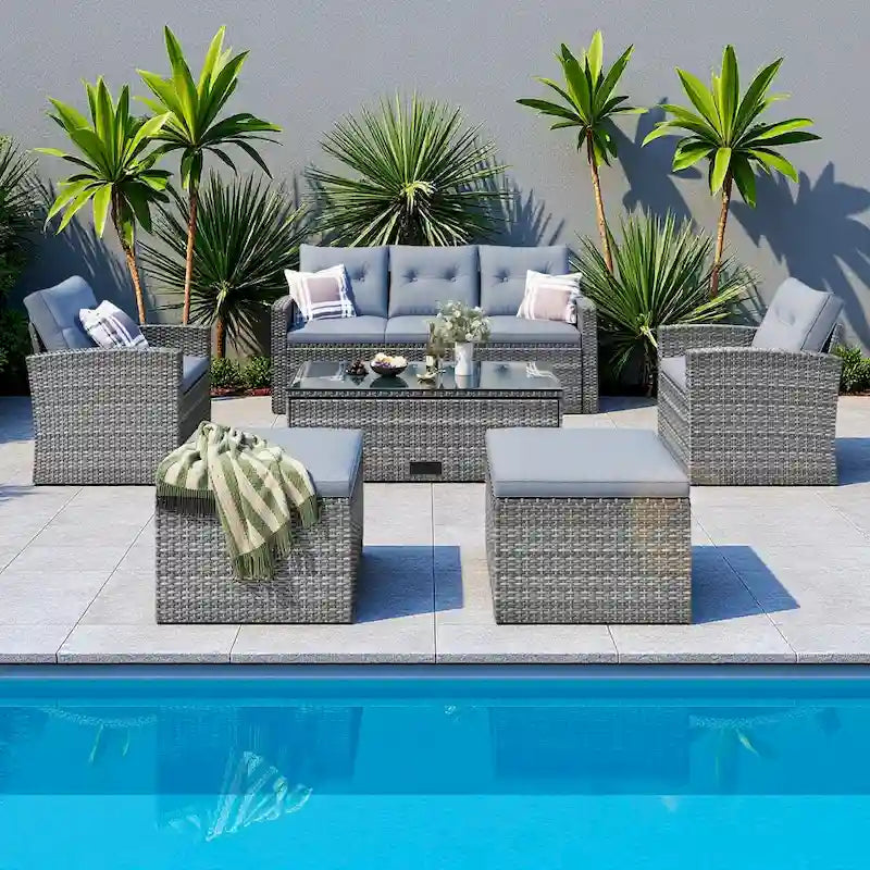 6-Pieces Outdoor Rattan Conversation Sofa Set with Coffee Table and 2 Ottoman