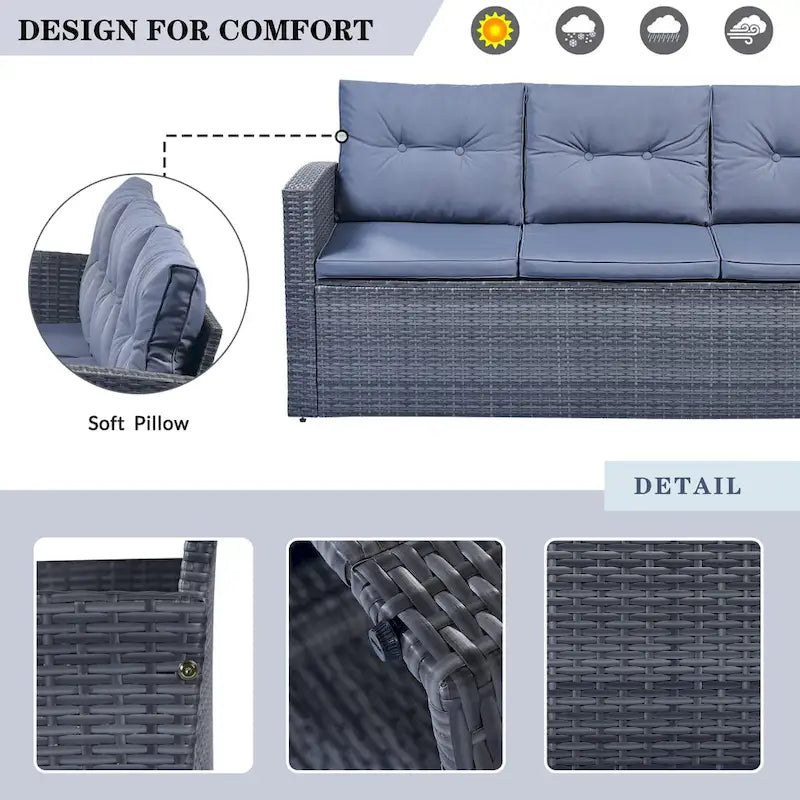 Ensemble de conversation en rotin d'extérieur 6 pièces avec table basse et 2 poufs