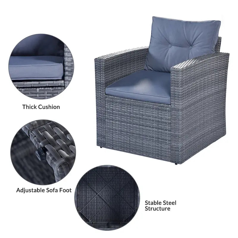 Ensemble de conversation en rotin d'extérieur 6 pièces avec table basse et 2 poufs