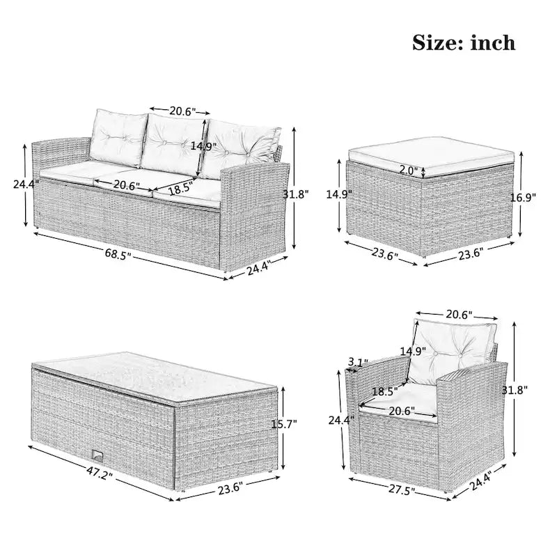 Ensemble de conversation en rotin d'extérieur 6 pièces avec table basse et 2 poufs