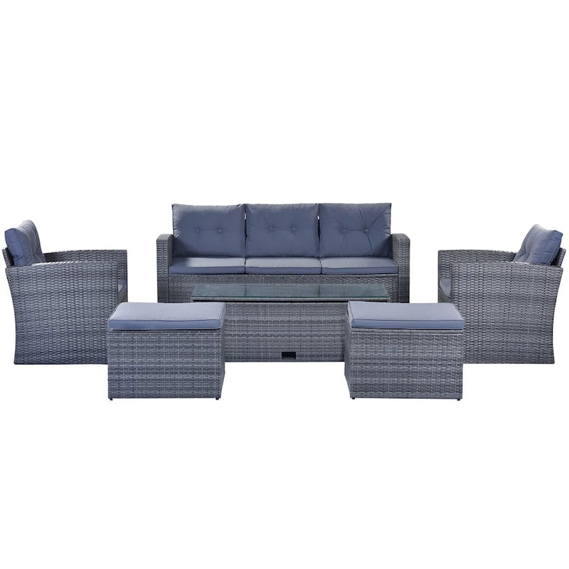 Ensemble de conversation en rotin d'extérieur 6 pièces avec table basse et 2 poufs