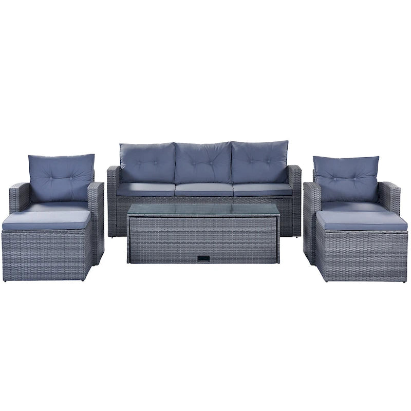 Ensemble de conversation en rotin d'extérieur 6 pièces avec table basse et 2 poufs