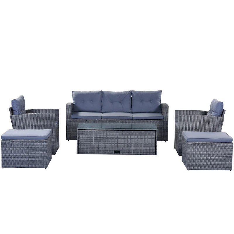 Ensemble de conversation en rotin d'extérieur 6 pièces avec table basse et 2 poufs