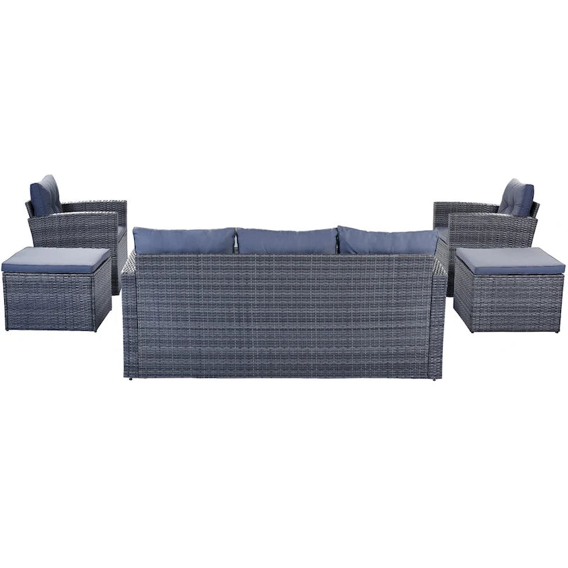 Ensemble de conversation en rotin d'extérieur 6 pièces avec table basse et 2 poufs