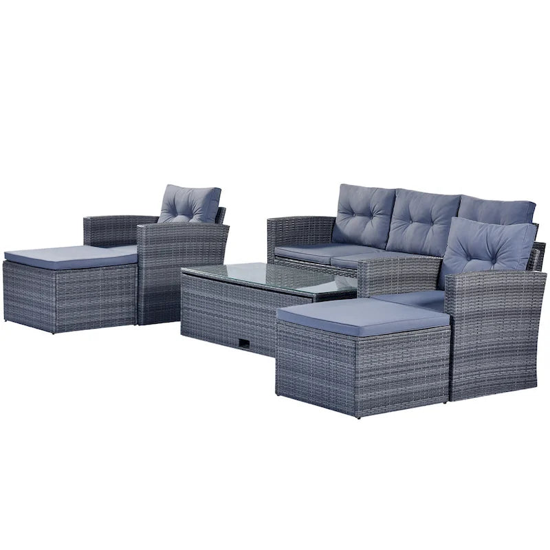 Ensemble de conversation en rotin d'extérieur 6 pièces avec table basse et 2 poufs