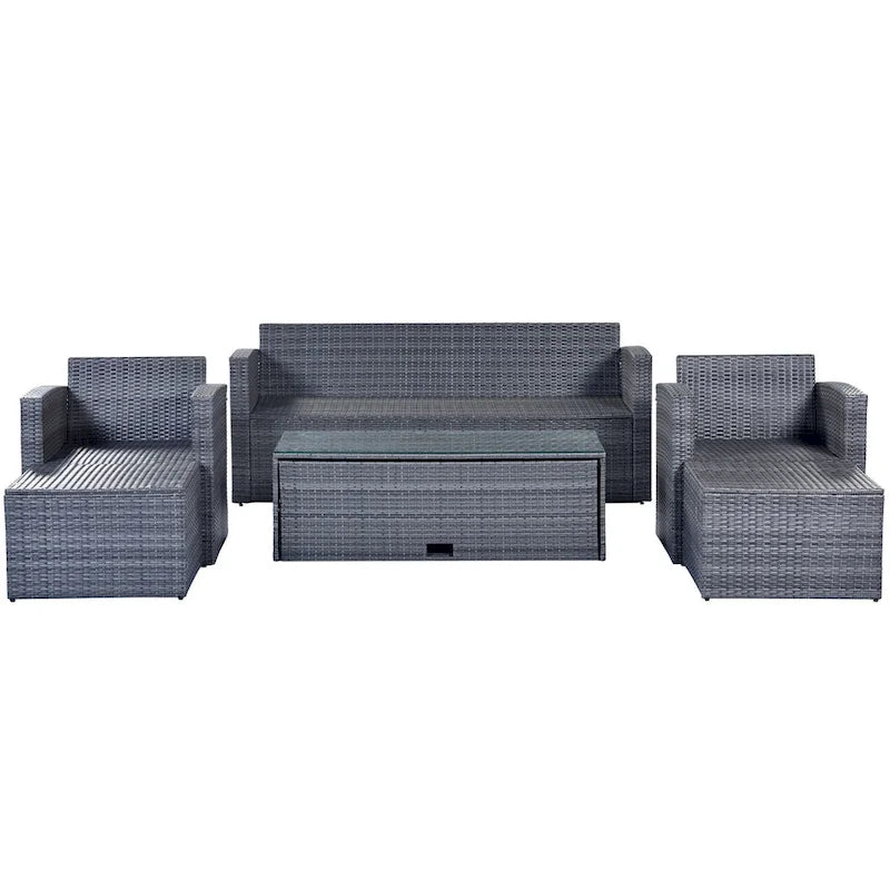 Ensemble de conversation en rotin d'extérieur 6 pièces avec table basse et 2 poufs