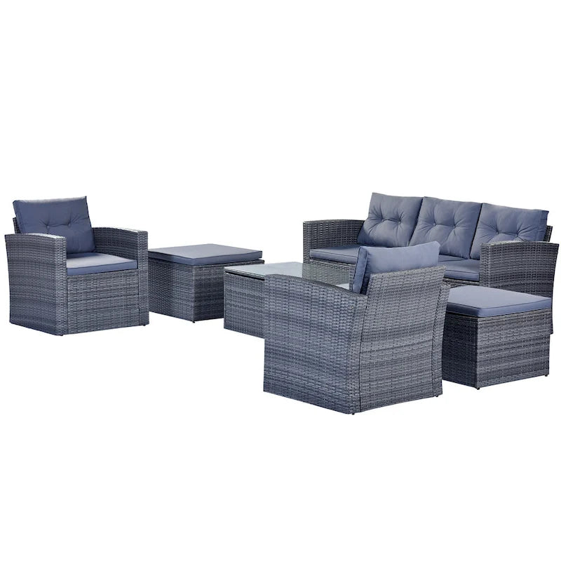 Ensemble de conversation en rotin d'extérieur 6 pièces avec table basse et 2 poufs