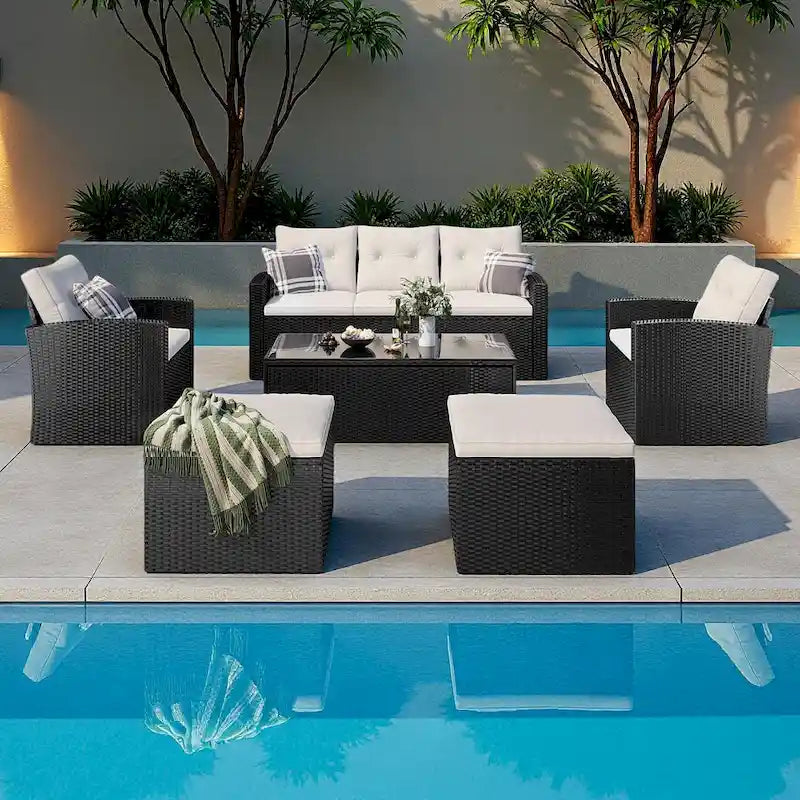 Ensemble de conversation en rotin d'extérieur 6 pièces avec table basse et 2 poufs