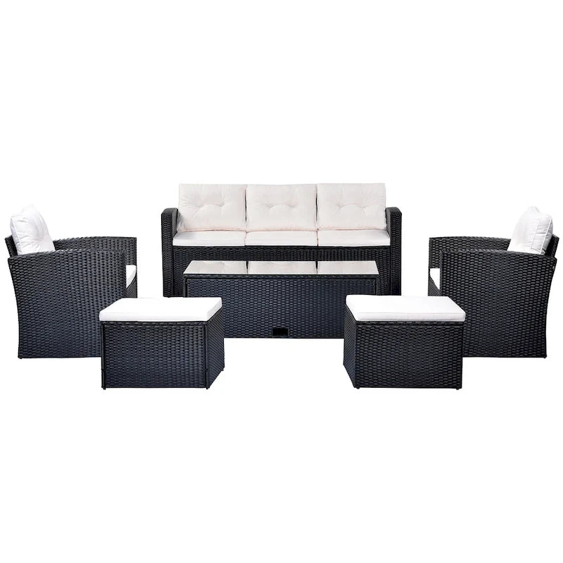 Ensemble de conversation en rotin d'extérieur 6 pièces avec table basse et 2 poufs
