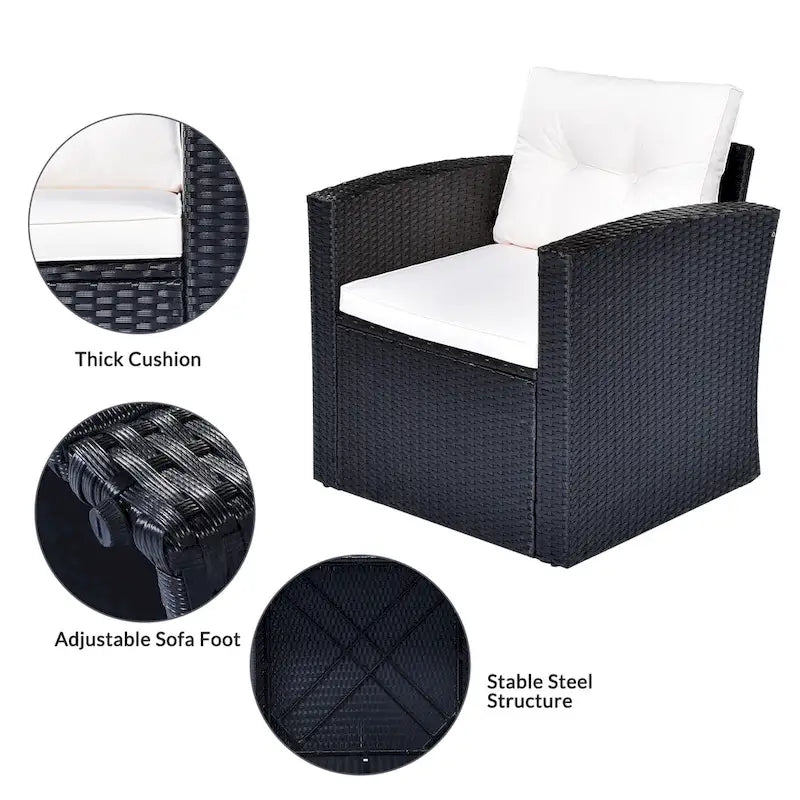 Ensemble de conversation en rotin d'extérieur 6 pièces avec table basse et 2 poufs