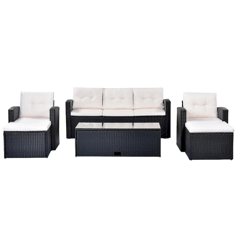 Ensemble de conversation en rotin d'extérieur 6 pièces avec table basse et 2 poufs