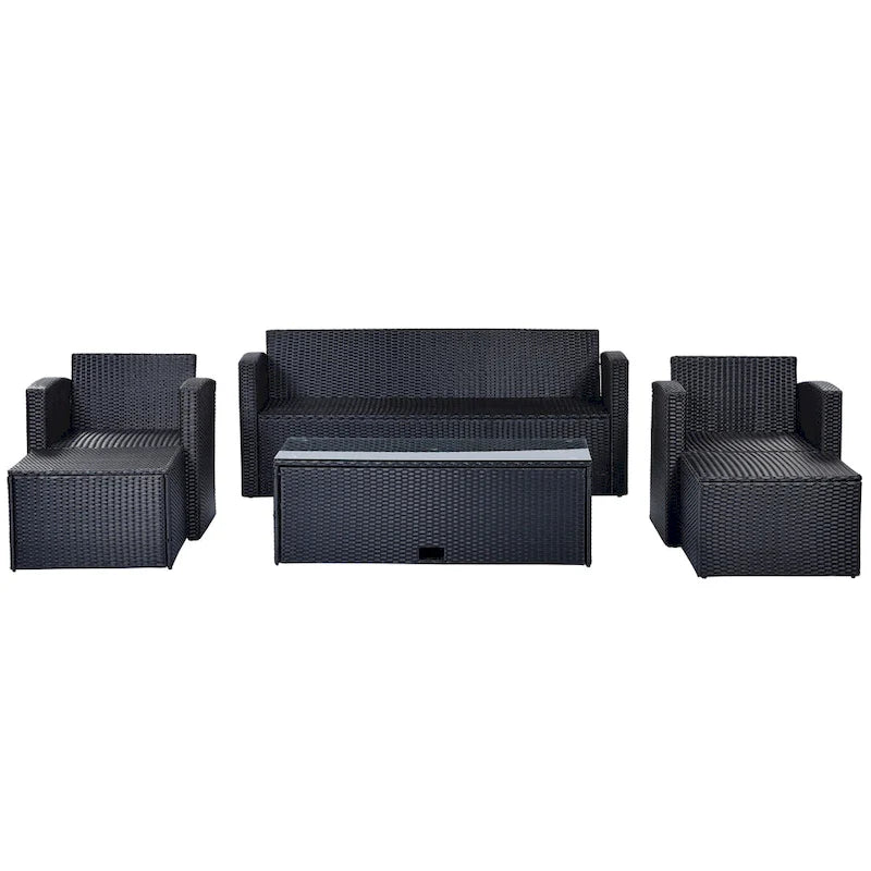 Ensemble de conversation en rotin d'extérieur 6 pièces avec table basse et 2 poufs