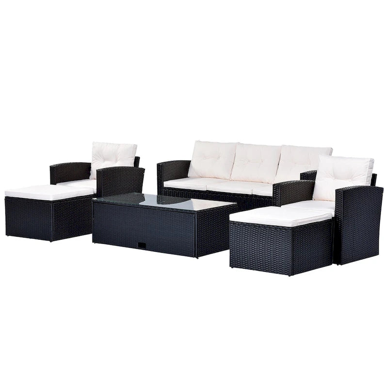Ensemble de conversation en rotin d'extérieur 6 pièces avec table basse et 2 poufs