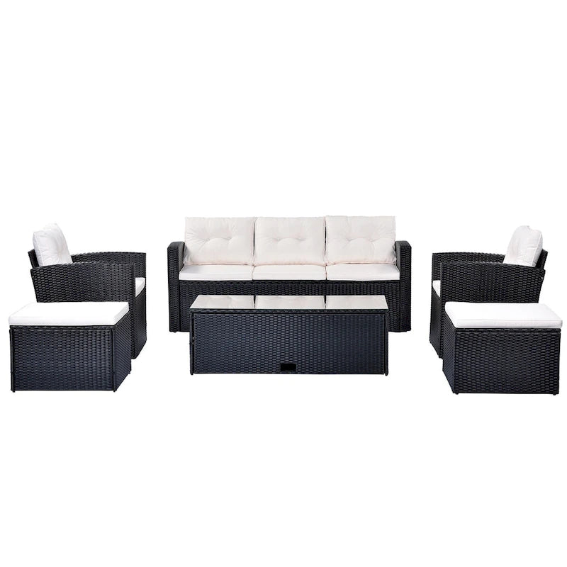 Ensemble de conversation en rotin d'extérieur 6 pièces avec table basse et 2 poufs