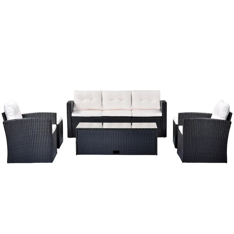 Ensemble de conversation en rotin d'extérieur 6 pièces avec table basse et 2 poufs