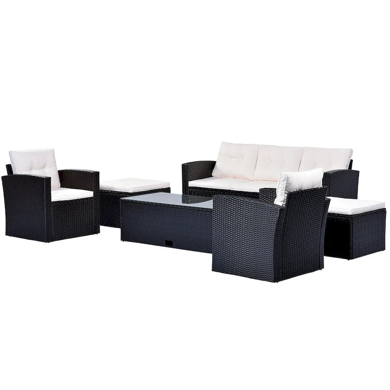 Ensemble de conversation en rotin d'extérieur 6 pièces avec table basse et 2 poufs