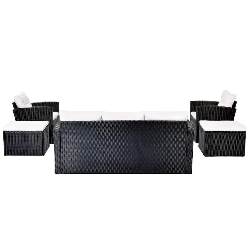 Ensemble de conversation en rotin d'extérieur 6 pièces avec table basse et 2 poufs