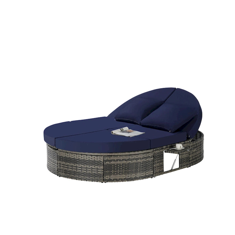 Lit de jour rond en rotin pour patio extérieur avec dossiers réglables et plateaux porte-gobelets pliables