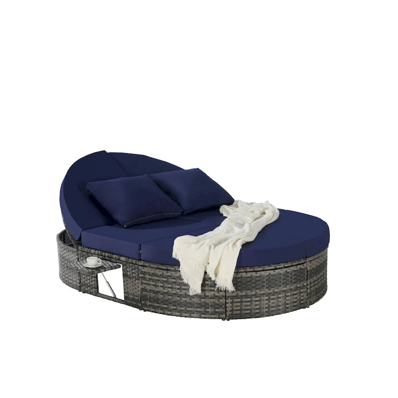 Lit de jour rond en rotin pour patio extérieur avec dossiers réglables et plateaux porte-gobelets pliables