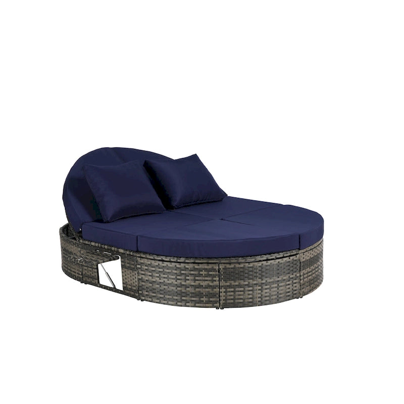 Lit de jour rond en rotin pour patio extérieur avec dossiers réglables et plateaux porte-gobelets pliables