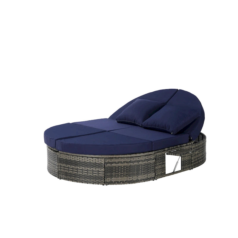 Lit de jour rond en rotin pour patio extérieur avec dossiers réglables et plateaux porte-gobelets pliables
