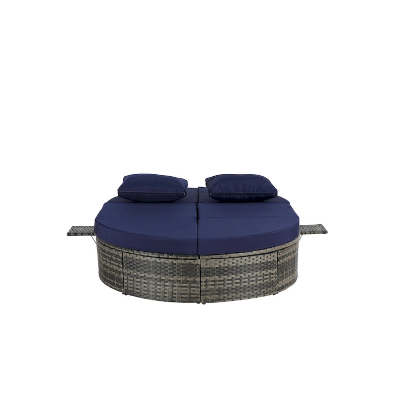 Lit de jour rond en rotin pour patio extérieur avec dossiers réglables et plateaux porte-gobelets pliables