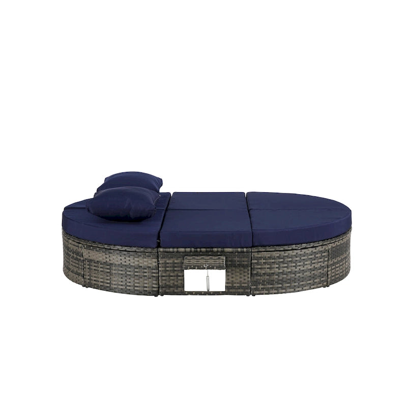 Lit de jour rond en rotin pour patio extérieur avec dossiers réglables et plateaux porte-gobelets pliables
