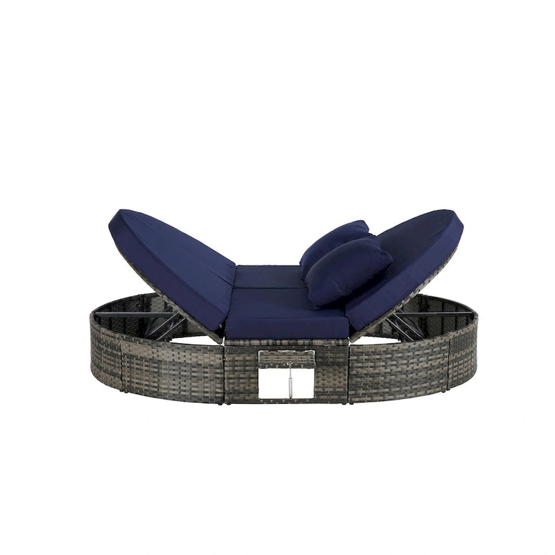 Lit de jour rond en rotin pour patio extérieur avec dossiers réglables et plateaux porte-gobelets pliables