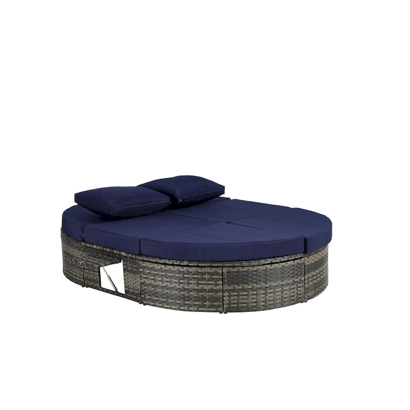 Lit de jour rond en rotin pour patio extérieur avec dossiers réglables et plateaux porte-gobelets pliables