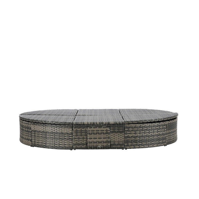 Lit de jour rond en rotin pour patio extérieur avec dossiers réglables et plateaux porte-gobelets pliables