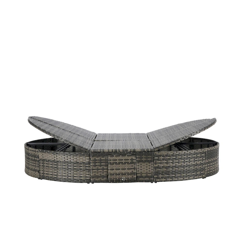 Lit de jour rond en rotin pour patio extérieur avec dossiers réglables et plateaux porte-gobelets pliables