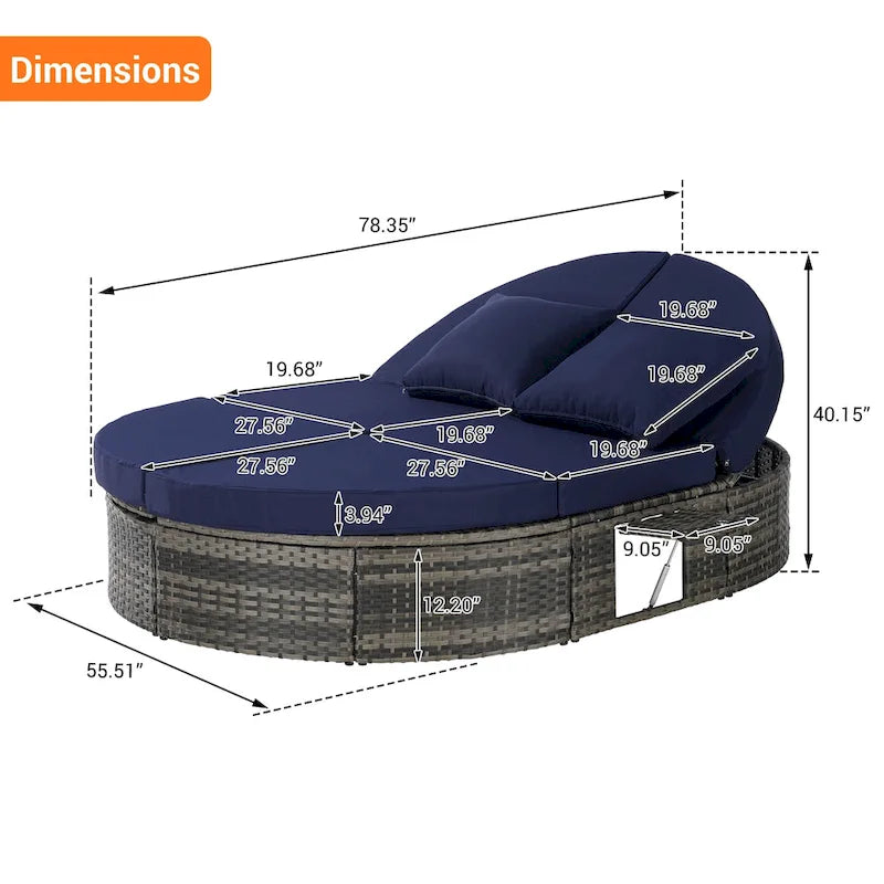 Lit de jour rond en rotin pour patio extérieur avec dossiers réglables et plateaux porte-gobelets pliables