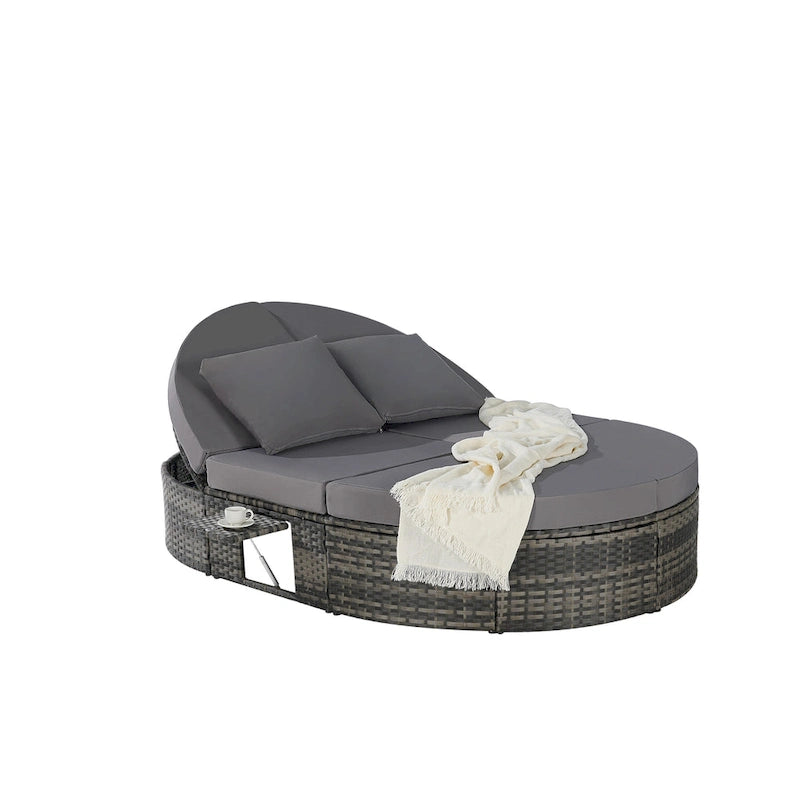 Lit de jour rond en rotin pour patio extérieur avec dossiers réglables et plateaux porte-gobelets pliables