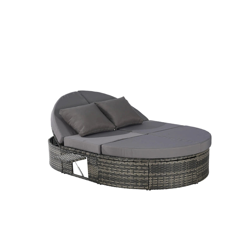 Lit de jour rond en rotin pour patio extérieur avec dossiers réglables et plateaux porte-gobelets pliables