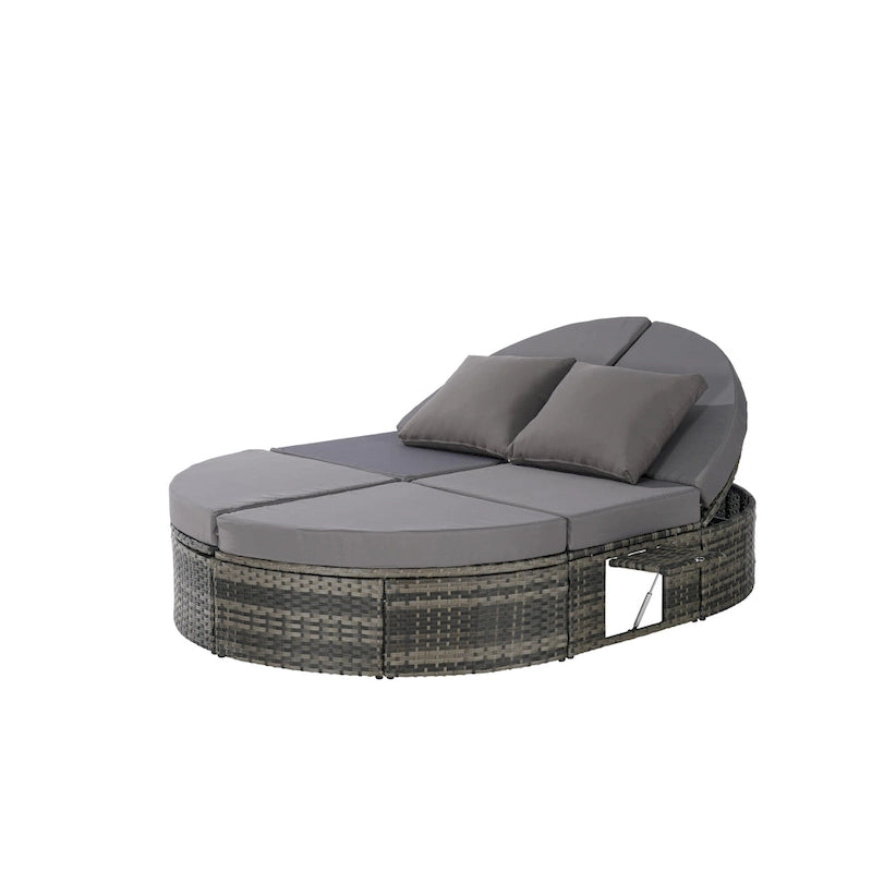 Lit de jour rond en rotin pour patio extérieur avec dossiers réglables et plateaux porte-gobelets pliables