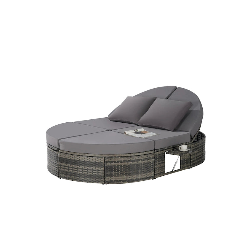 Lit de jour rond en rotin pour patio extérieur avec dossiers réglables et plateaux porte-gobelets pliables