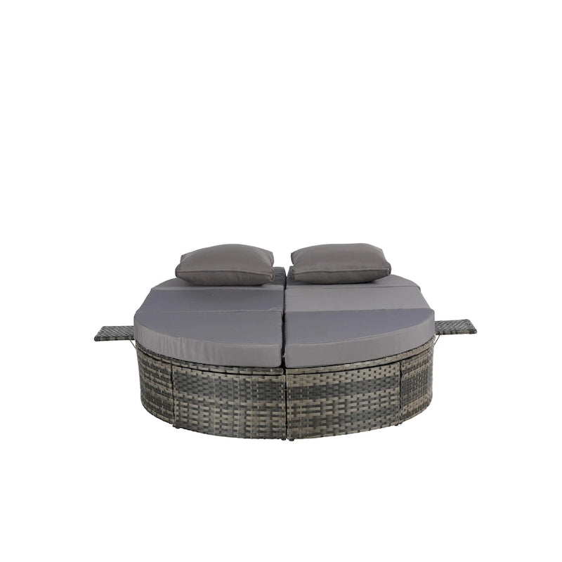 Lit de jour rond en rotin pour patio extérieur avec dossiers réglables et plateaux porte-gobelets pliables