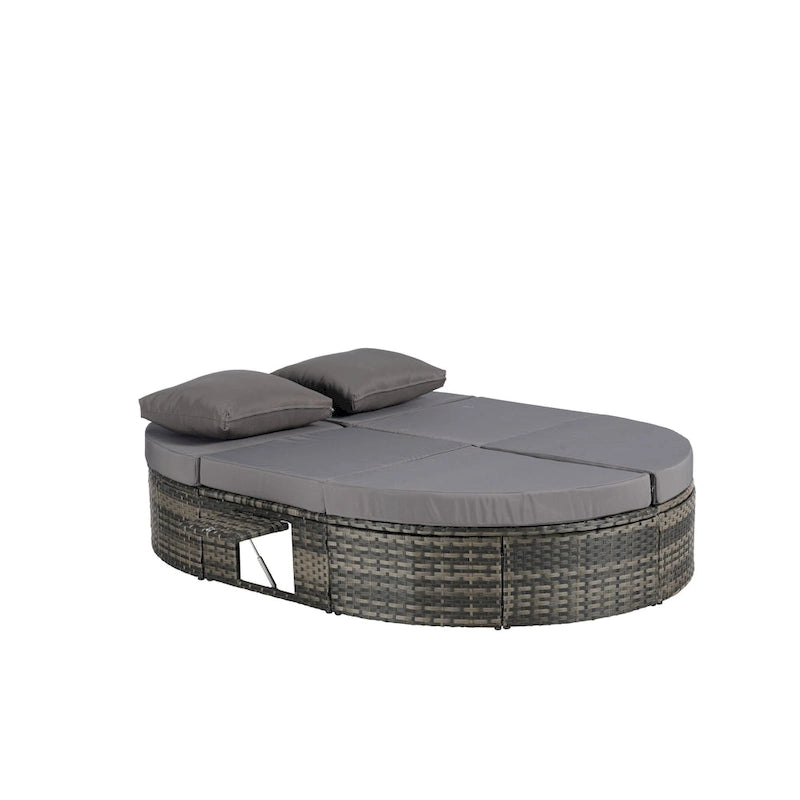 Lit de jour rond en rotin pour patio extérieur avec dossiers réglables et plateaux porte-gobelets pliables