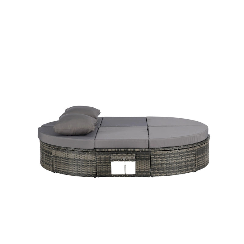 Lit de jour rond en rotin pour patio extérieur avec dossiers réglables et plateaux porte-gobelets pliables