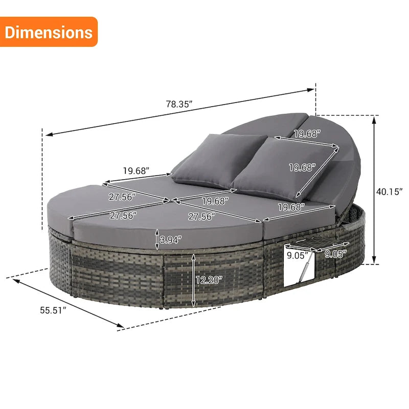 Lit de jour rond en rotin pour patio extérieur avec dossiers réglables et plateaux porte-gobelets pliables