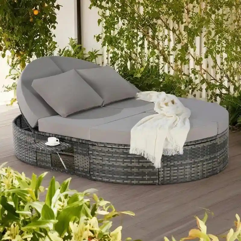 Lit de jour rond en rotin pour patio extérieur avec dossiers réglables et plateaux porte-gobelets pliables