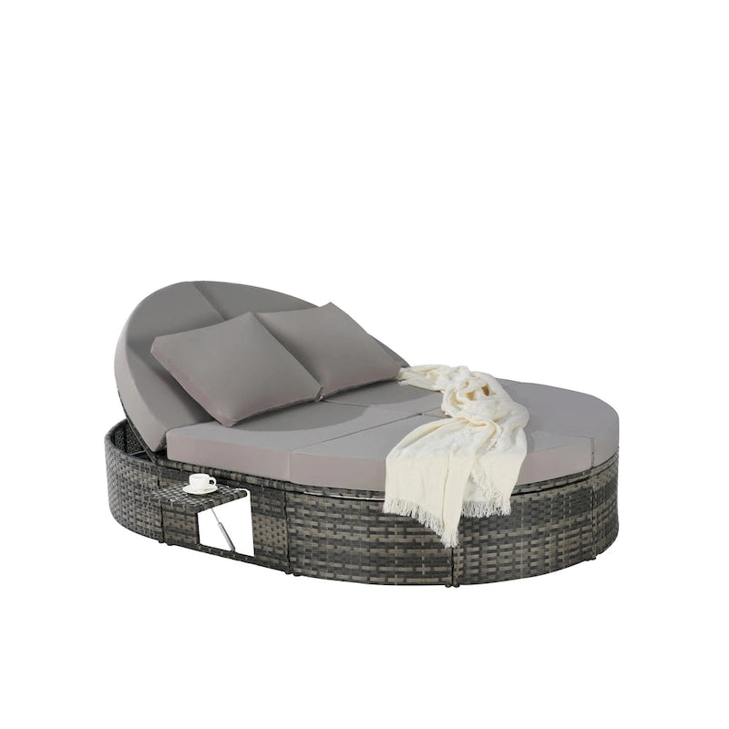 Lit de jour rond en rotin pour patio extérieur avec dossiers réglables et plateaux porte-gobelets pliables