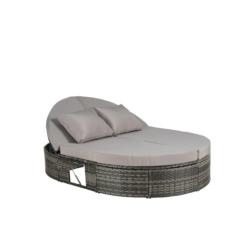 Lit de jour rond en rotin pour patio extérieur avec dossiers réglables et plateaux porte-gobelets pliables