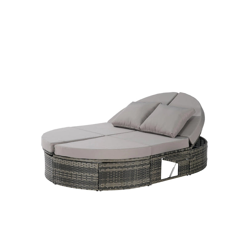 Lit de jour rond en rotin pour patio extérieur avec dossiers réglables et plateaux porte-gobelets pliables