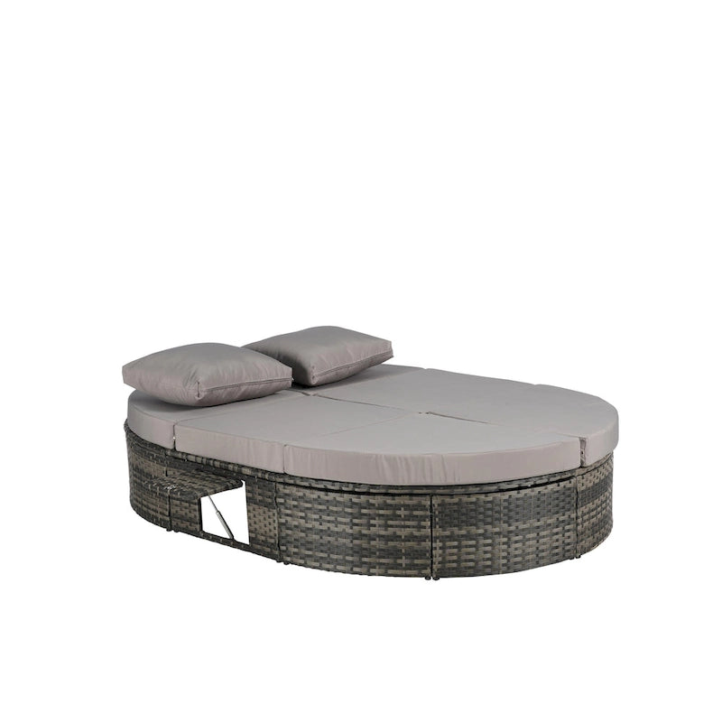 Lit de jour rond en rotin pour patio extérieur avec dossiers réglables et plateaux porte-gobelets pliables